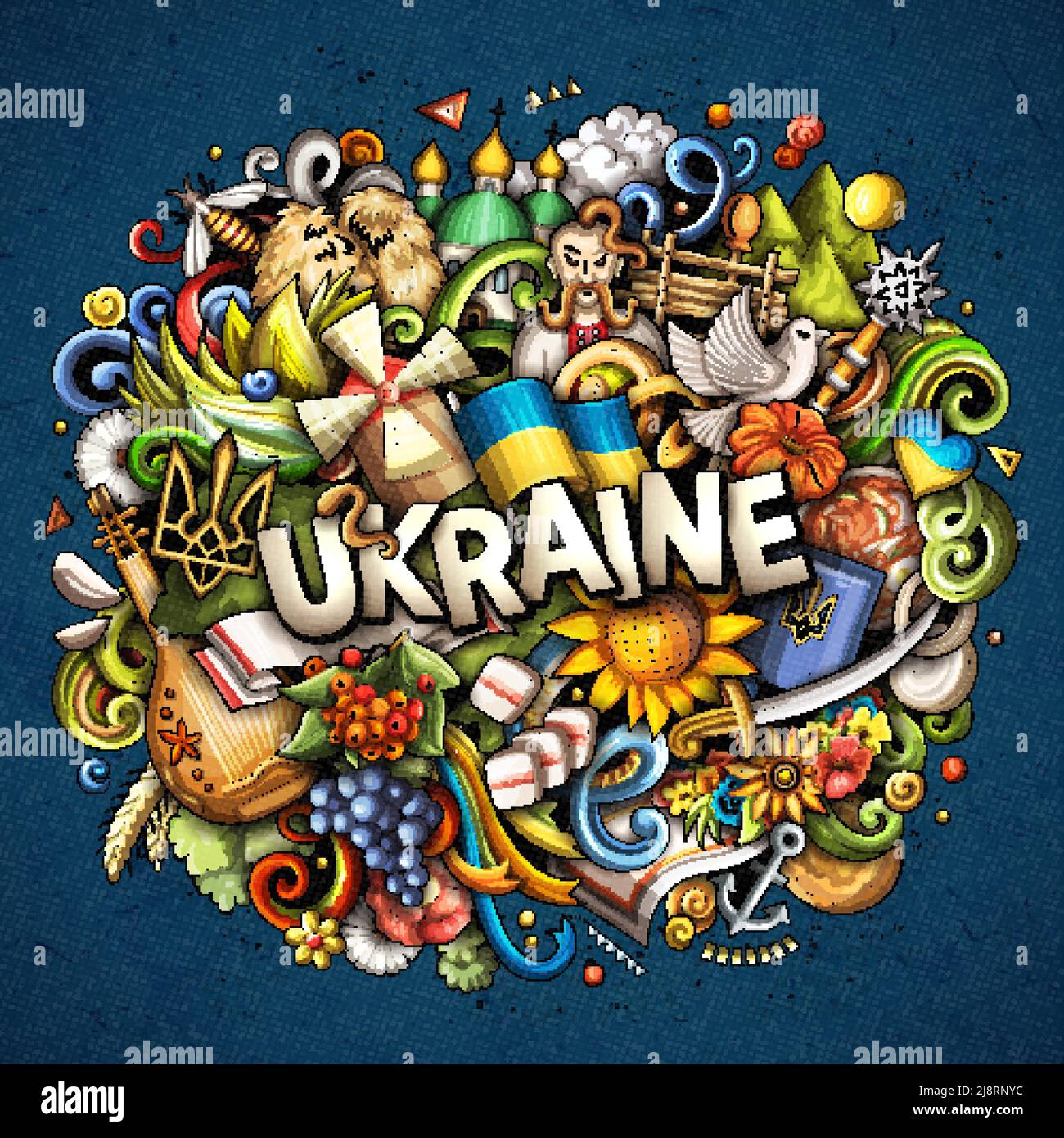 Ukraine handgezeichnete Cartoon Doodle Illustration. Lustiges ukrainisches Design. Kreativer Vektorhintergrund. Handgeschriebener Text mit europäischen Länderelementen A Stock Vektor