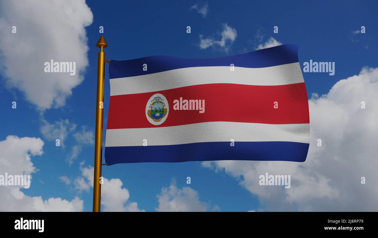Nationalflagge von Costa Rica winkt 3D Render mit Fahnenmast und blauem Himmel, Republik Costa Rica Flag Textil, entworfen von Pacifica Fernandez und Stockfoto