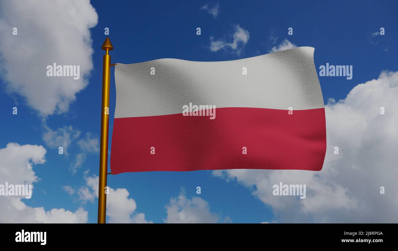 Nationalflagge Polens winkt 3D mit Fahnenmast und blauem Himmel, flaga Polski oder Flagge der Republik Polen Rzeczpospolita Stockfoto
