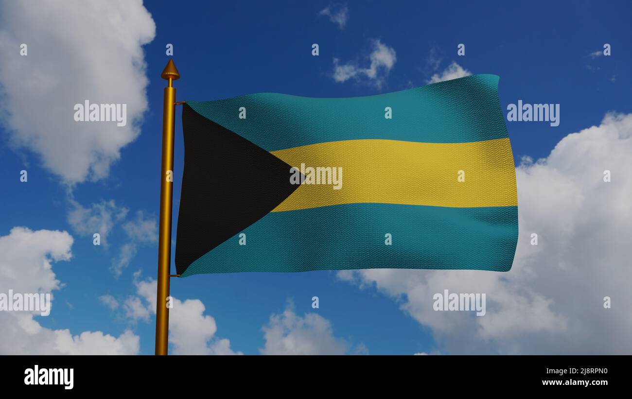 Nationalflagge des Commonwealth of the Bahamas winkt 3D Render mit Fahnenmast und blauem Himmel, Flagge Bahama Islands, Bahamas Flagge Textil Stockfoto