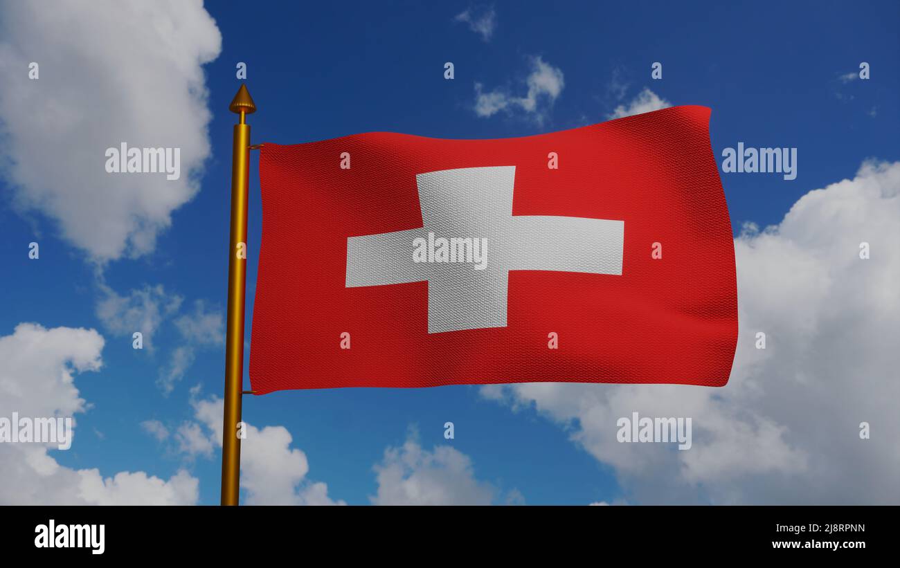 Schweizer Nationalflagge winkt 3D Render mit Fahnenmast und blauem Himmel, Schweizer Flagge oder Schweizer Flagge, Wappen Stockfoto
