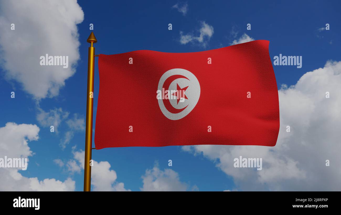 Nationalflagge Tunesiens winkt 3D Render mit Fahnenmast und blauem Himmel, Textilflagge der Republik Tunesien entworfen von Al Husayn II ibn Mahmud, Wappen Stockfoto