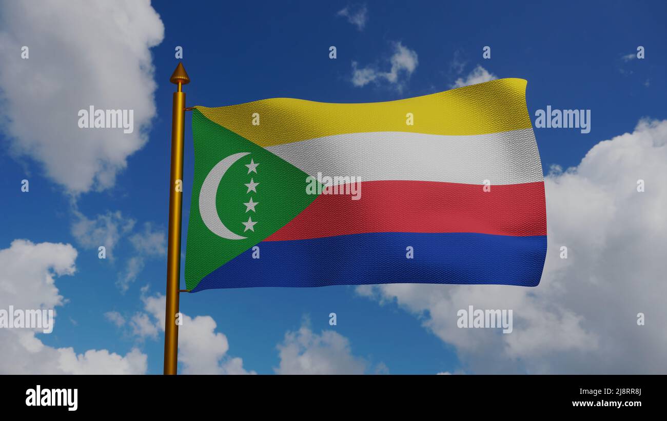 Nationalflagge der Komoren winkt 3D Render mit Fahnenmast und blauem Himmel, Union of the Comoros flag textile, Union des Comores oder Udzima wa Komori Stockfoto