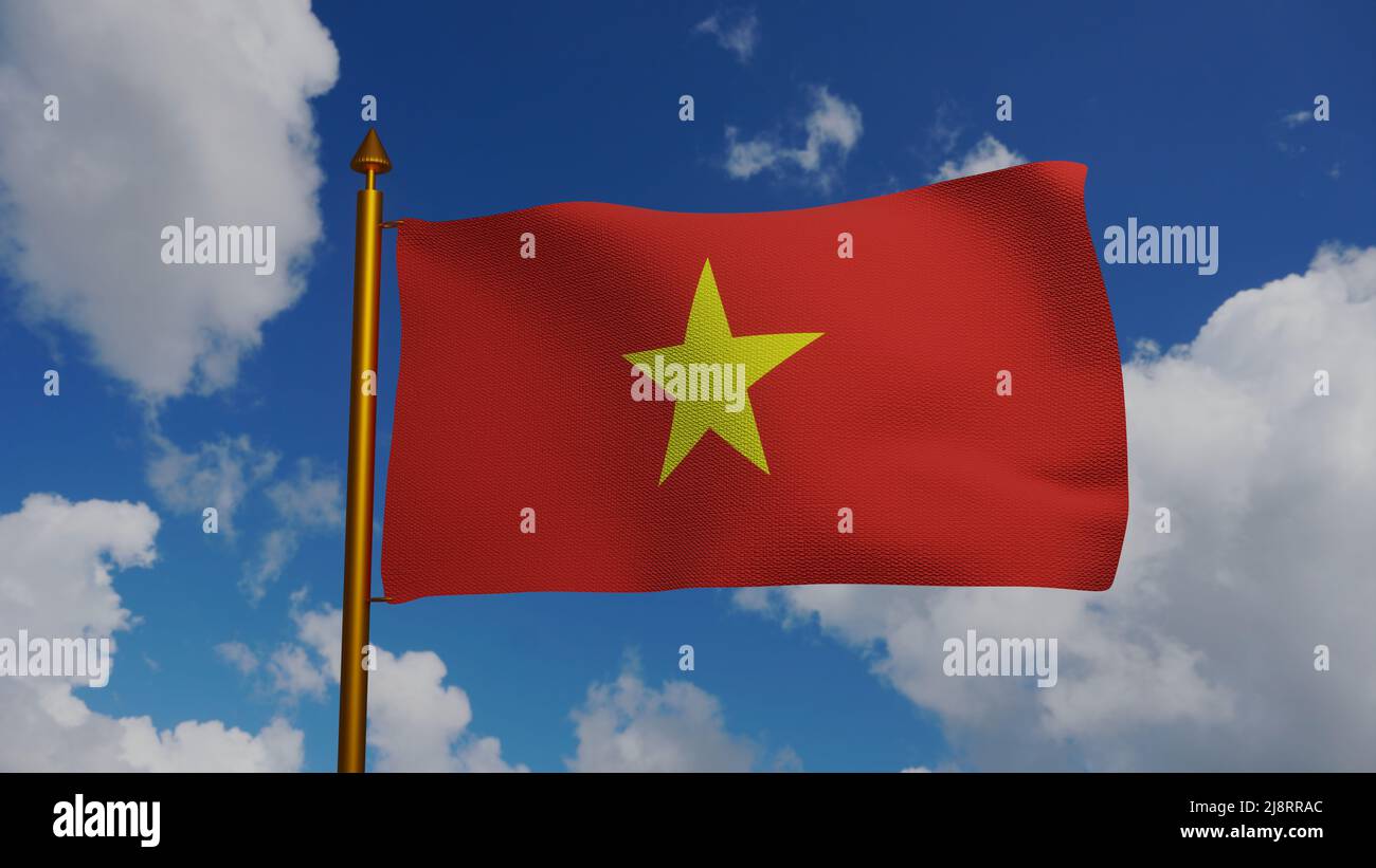 Nationalflagge Vietnams winkt 3D Render mit Fahnenmast und blauem Himmel, Textilflagge der Sozialistischen Republik Vietnam von Nguyen Huu Tien, Vietnam Stockfoto