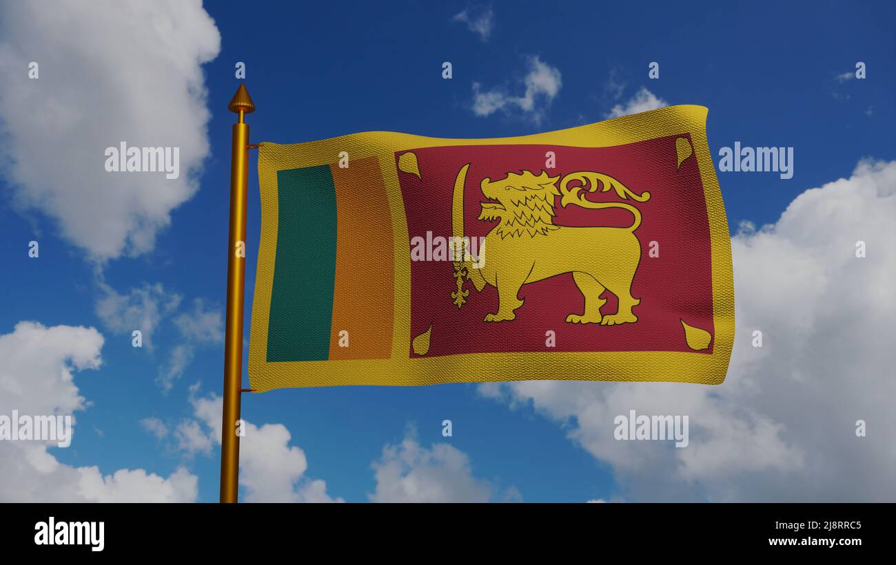Nationalflagge Sri Lankas winkt 3D Render mit Fahnenmast und blauem Himmel, Fahnenstoff der Demokratischen Sozialistischen Republik Sri Lanka, Wappen Sri Stockfoto