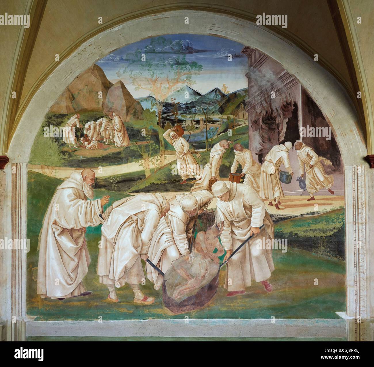 Storie di San Benedetto - Il Santo scaccia il diavolo da sopra la pietra - affresco - Luca Signorelli - 1495 - Monte Oliveto Maggiore (Si) ,Italia, A Stockfoto