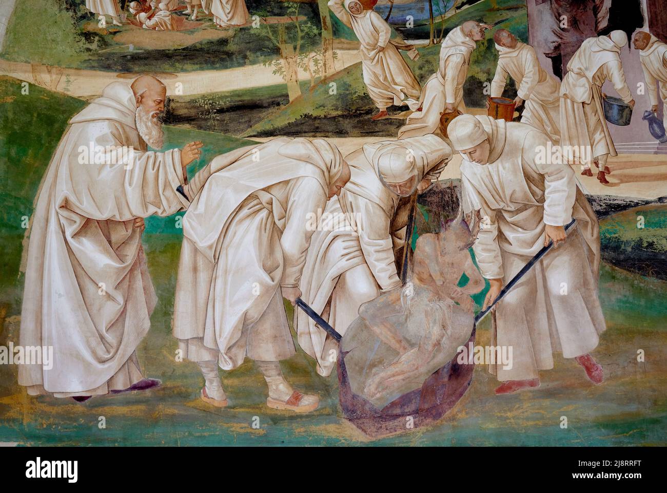 Storie di San Benedetto - particolare da “ Il Santo scaccia il diavolo da sopra la pietra “- affresco - Luca Signorelli - 1495 - Monte Oliveto Maggio Stockfoto