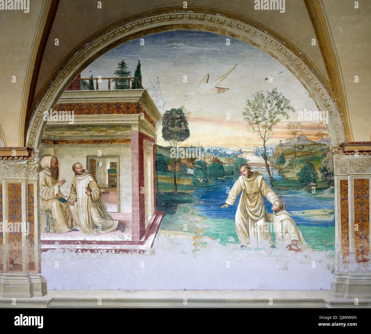 Storie di San Benedetto - Mauro cammina sulle acque - affresco - Sodoma - 1505 - Monte Oliveto Maggiore (Si) ,Italia, Abbazia Olivetana Stockfoto