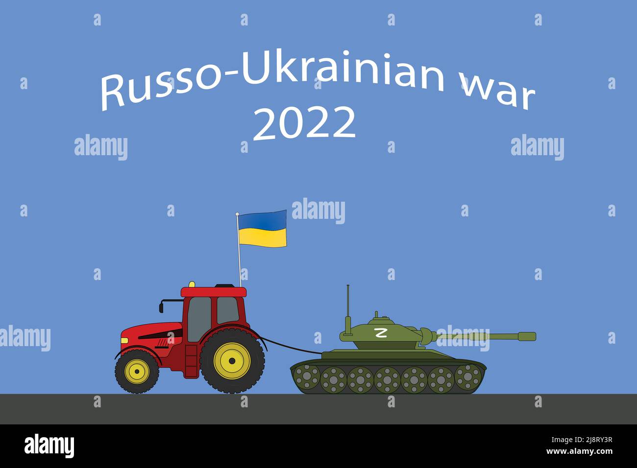 Russisch-ukrainischer Krieg: Ukrainischer Traktor schlepper einen russischen Panzer weg - Vektordarstellung Stock Vektor