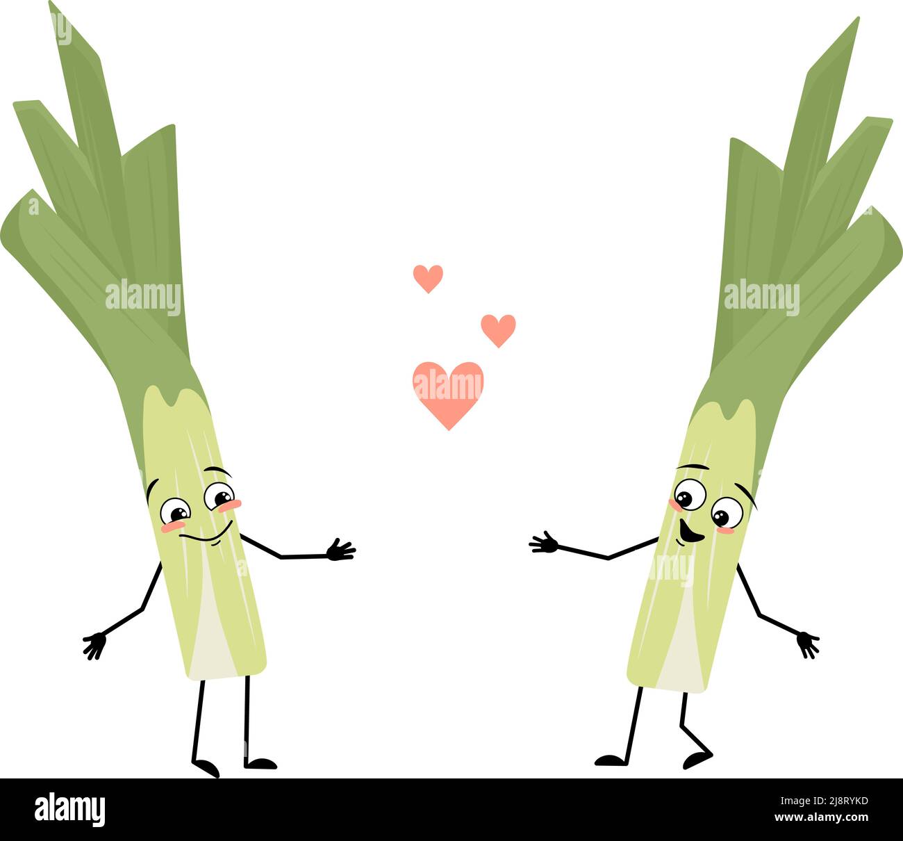 Niedliche grüne Lauch-Charakter mit Liebe Emotionen, Lächeln Gesicht, Arme und Beine. Gesundes Gemüse mit lustigem Ausdruck und Haltung, reich an Vitaminen. Vektorgrafik flach Stock Vektor