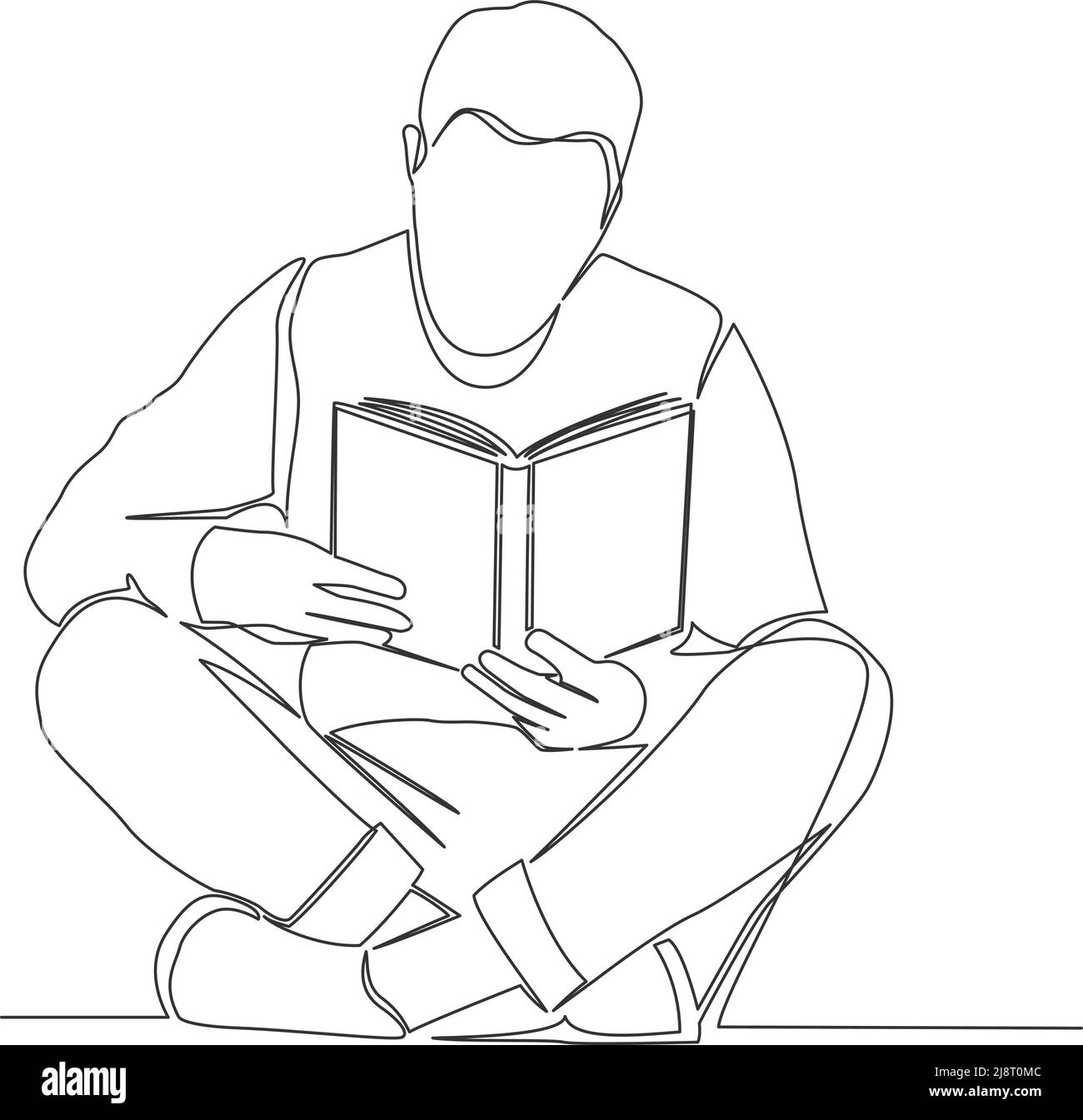 Einzeilige Zeichnung der Person, die Buch liest, sitzend mit gekreuzten Beinen auf dem Boden, Linienkunst Vektordarstellung Stock Vektor