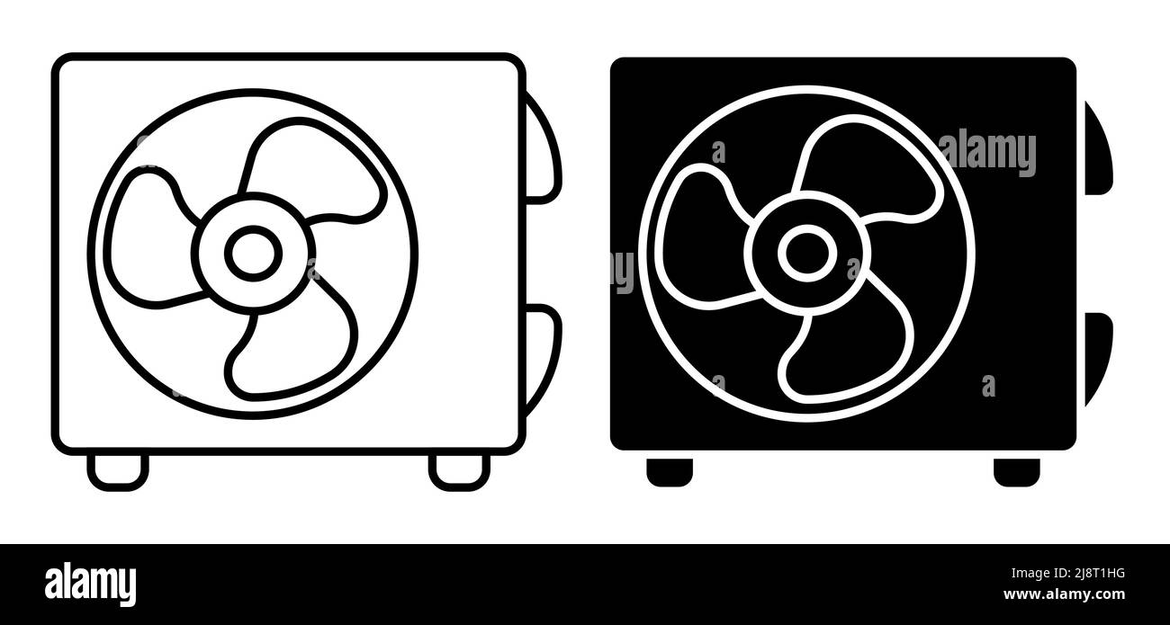 Lineares Symbol. Klimaanlage mit drei-Blatt-Ventilator. Raumkühlung und Heizung. Aufrechterhaltung einer angenehmen Temperatur im Büro. Schlichtes Schwarz und Whi Stock Vektor