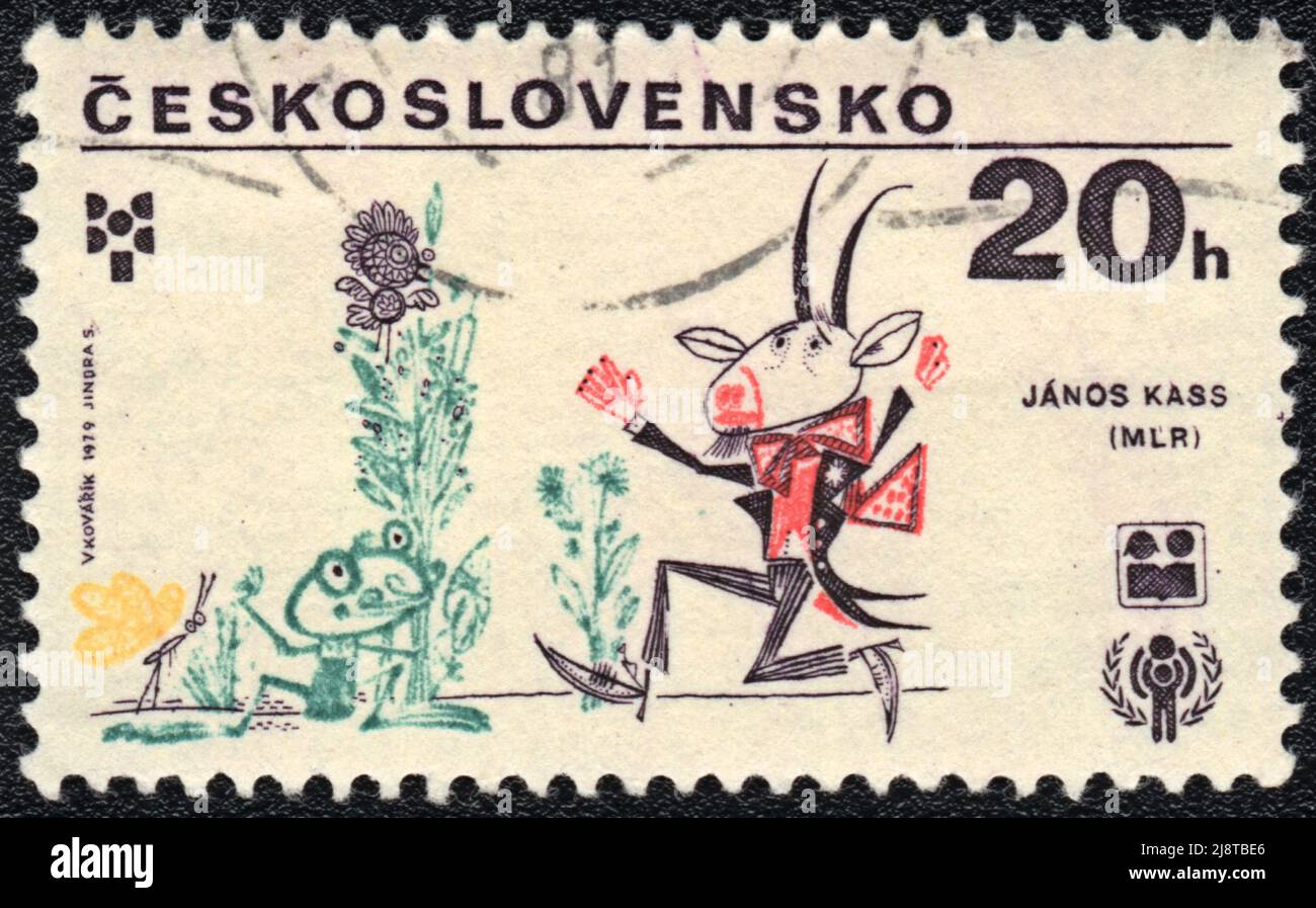 Eine in DER TSCHECHOSLOWAKEI gedruckte Briefmarke zeigt Märchenillustration des Künstlers Janos Kass, 1979 Stockfoto