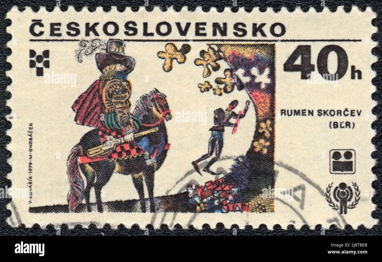 Eine in DER TSCHECHOSLOWAKEI gedruckte Briefmarke zeigt Volksmärchen Rumen Skorchev, 1979 Stockfoto