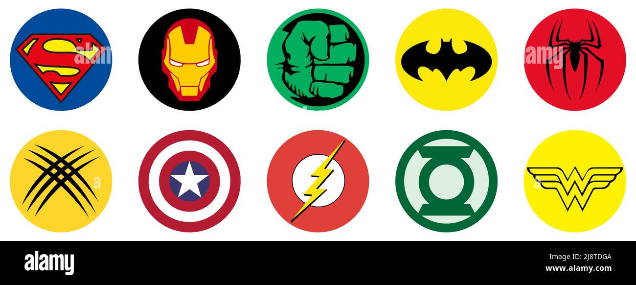 Vinnytsia, Ukraine - 17. Mai 2022: Logos der berühmtesten Superhelden. Batman, Superman, Spider-Man, Iron Man, Wolverine, Captain America, Der Hulk, Stock Vektor