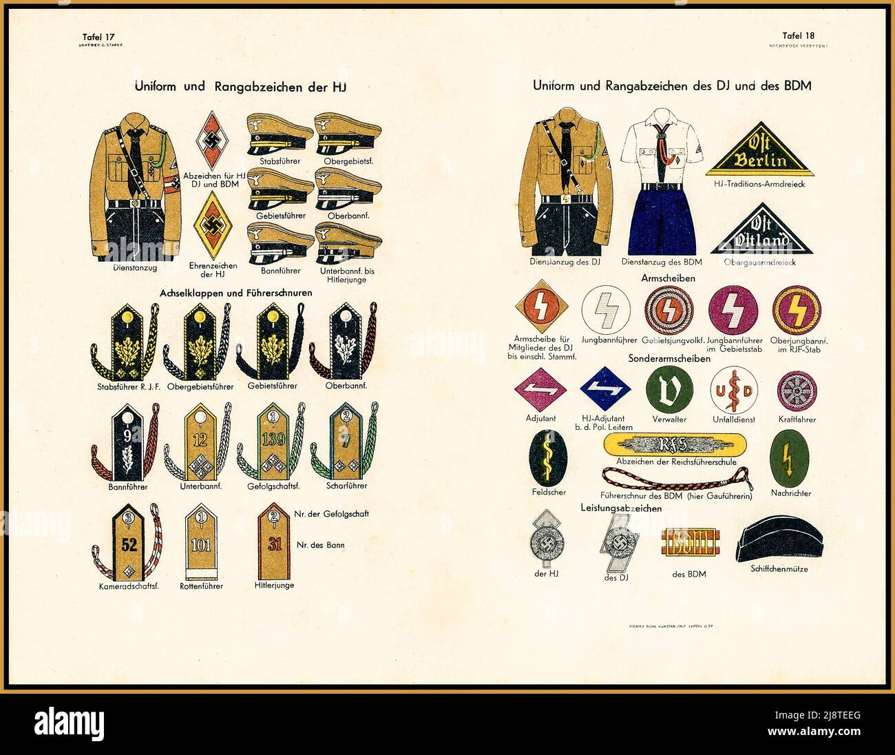 1937 Hitlerjugend Offizielle Uniform Nachschlagewerk 1937 Uniformen und Rangabzeichen der Hitlerjugend (HJ) Abzeichen Visierkappen/Schirmmütze (Schirmmütze) Schulterriemen und Lanyards Uniformen und Rangabzeichen des Deutschen Jungvolk (DJ) und des :Bund Deutscher Mädels (BDM) die Uniform des DJ ('Deutsche Jugendliche') war dem Hitlerjugend-Äquivalent sehr ähnlich. Stockfoto