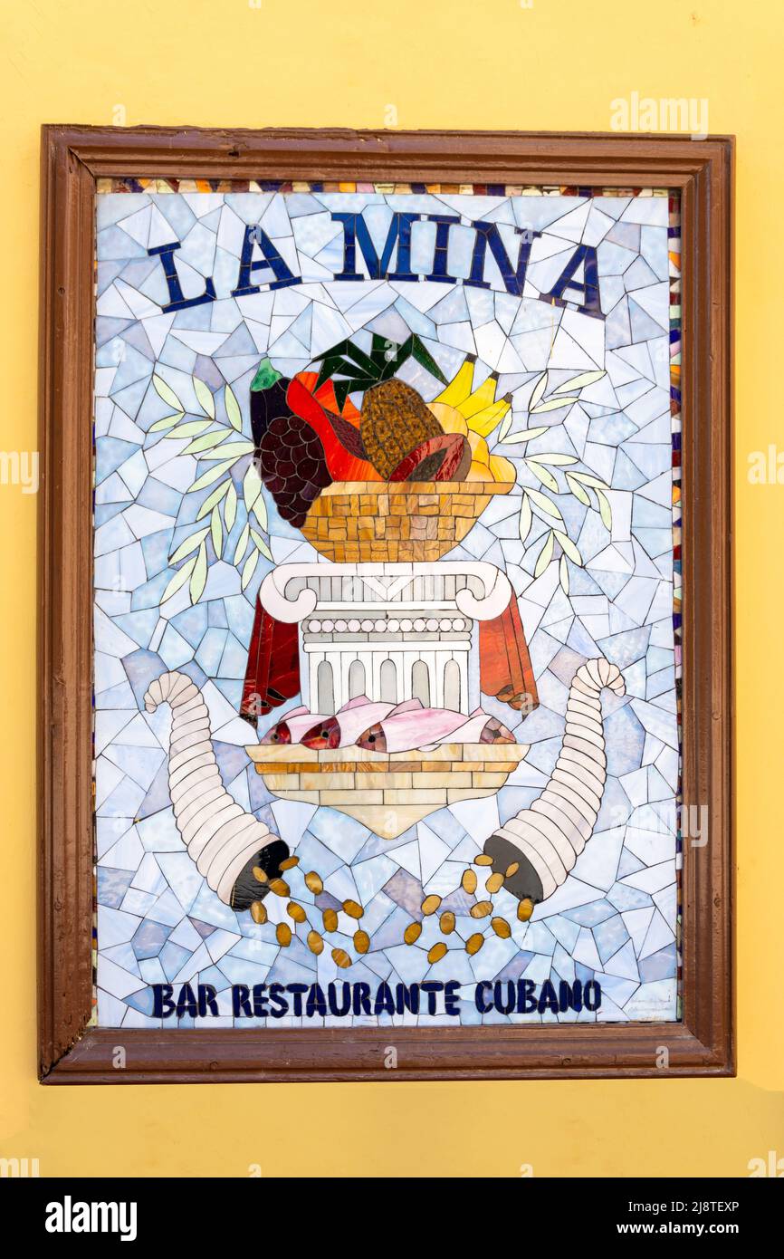 Schild La Mina Restaurante, Obispo, Alt-Havanna, Havanna, La Habana, Republik Kuba Stockfoto