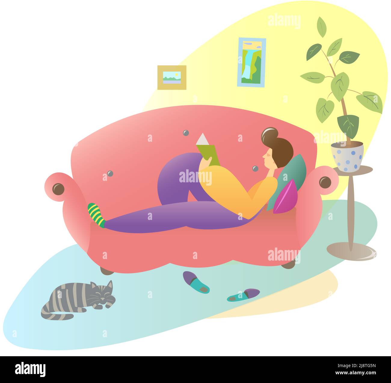 Ein Mensch liegt zu Hause auf der Couch. Ausruhen und Lesen eines Buches Stock Vektor