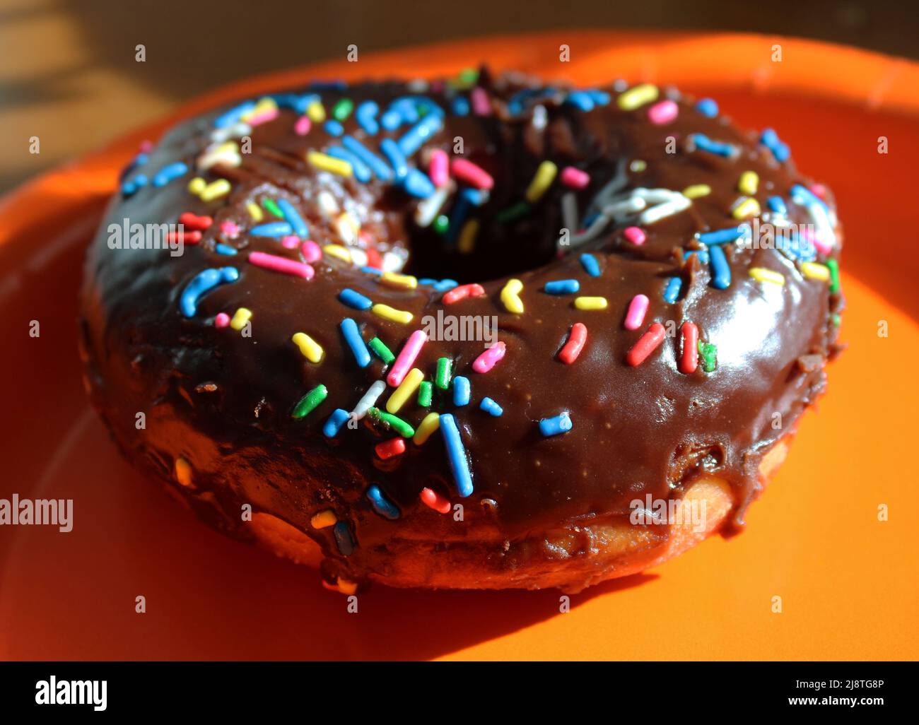 Ein Schokoladenglazter Donut mit Regenbogenstreuseln Stockfoto