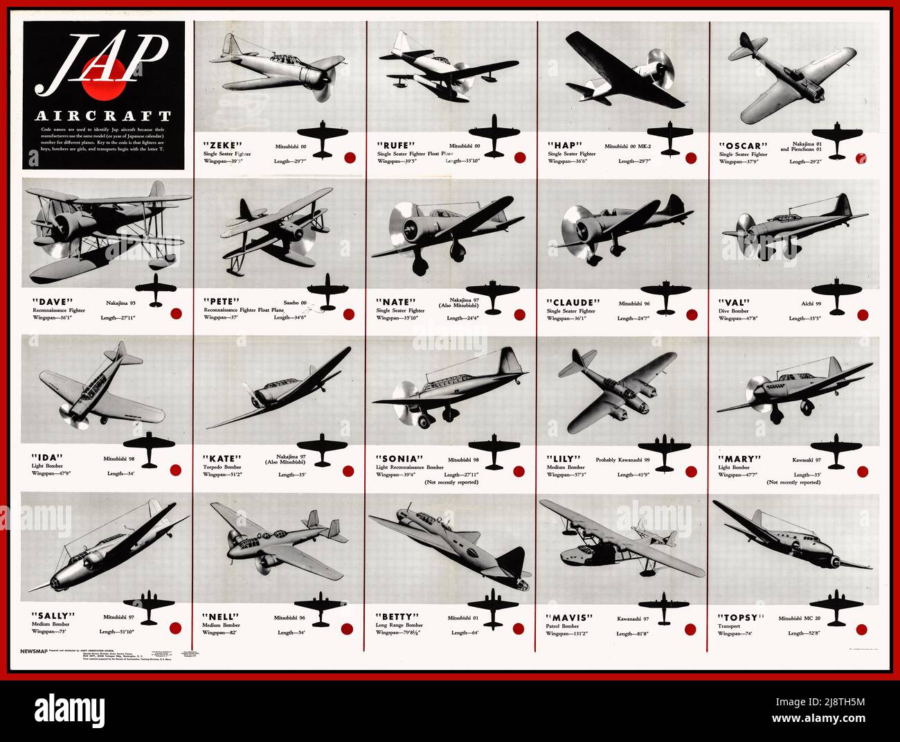 WW2 Japanische Flugzeugtypenerkennung Avaiation Poster Chart 1943 Zweiten Weltkrieg 'JAP AIRCRAFT' Illustration Poster Identifizieren von Formen Typen Silhouette Stockfoto