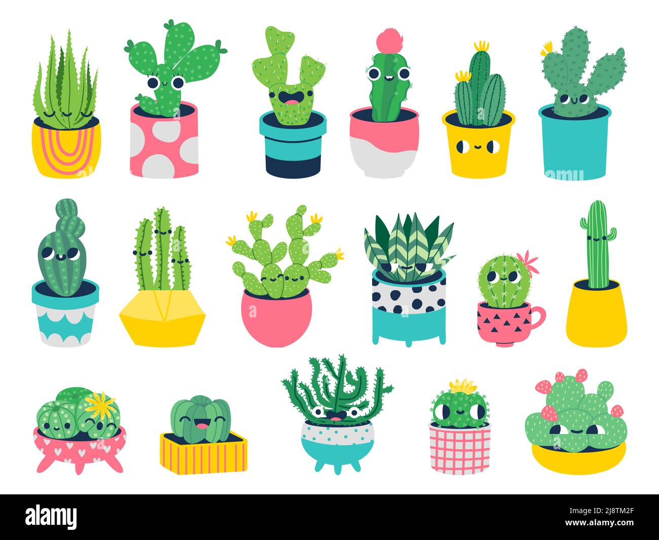 Kaktus mit Gesichtern. Niedliche Comic-Figuren in Töpfen mit lustigen Gesichtern, Smiley Maskottchen Pflanzen für Kinder Illustration. Vektorset Stock Vektor