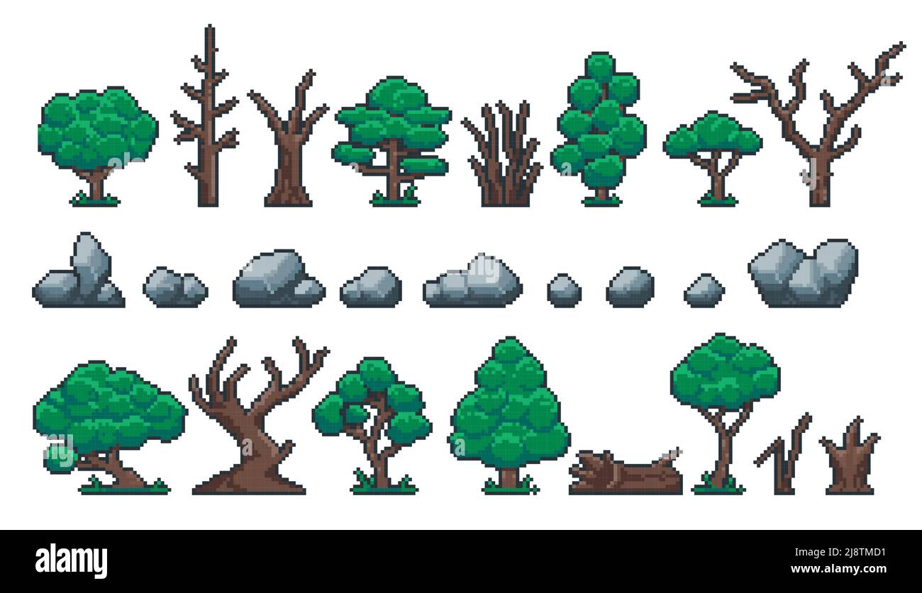 Pixel Pflanzen und Steine. Retro 8 Bit Videospiel sprite Vermögenswerte von Felsen, Wald und Park Bäume, Protokolle, Stamm und Stumpf. Vektor-isolierter Satz Stock Vektor
