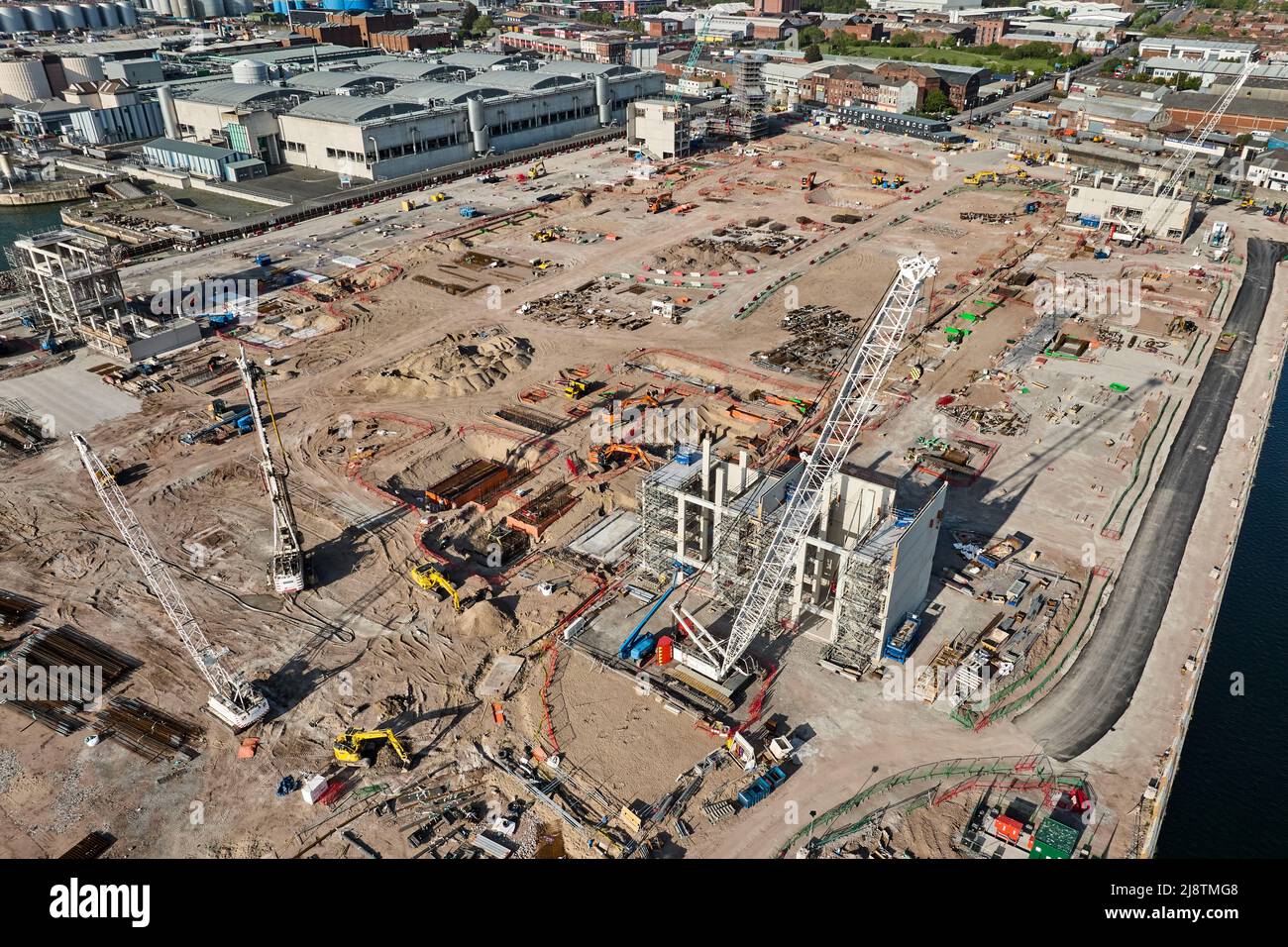 Eine allgemeine Luftaufnahme des Bramley-Moore Docks während des Baus eines neuen Stadions für den FC Everton Stockfoto