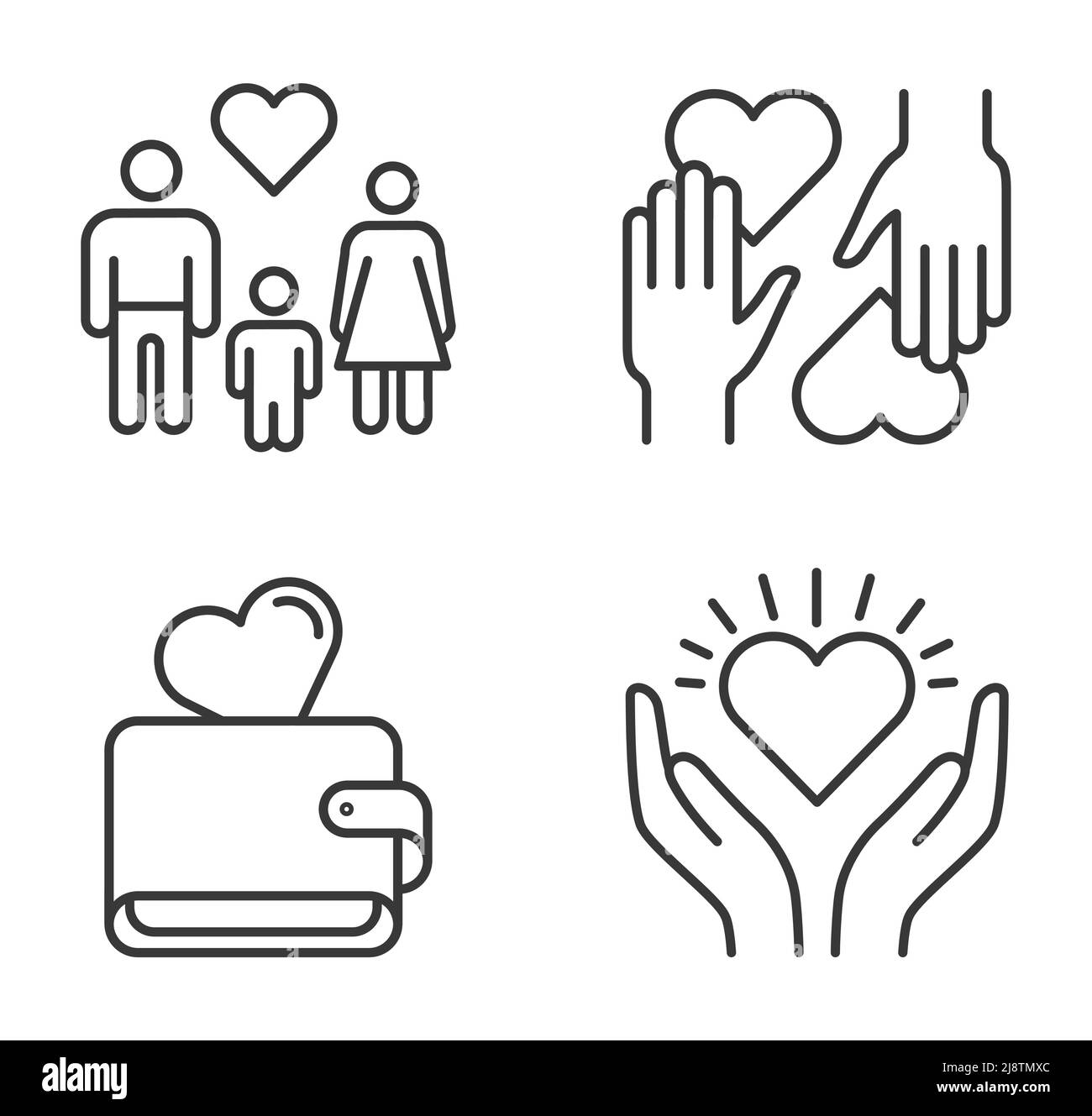 Symbole für Wohltätigkeitsorganisationen und Spenden. Hände halten und geben Herz. Ehrenamtliche Gemeinschaft teilt Geld und Liebe. Familie Adoptivkind Stock Vektor