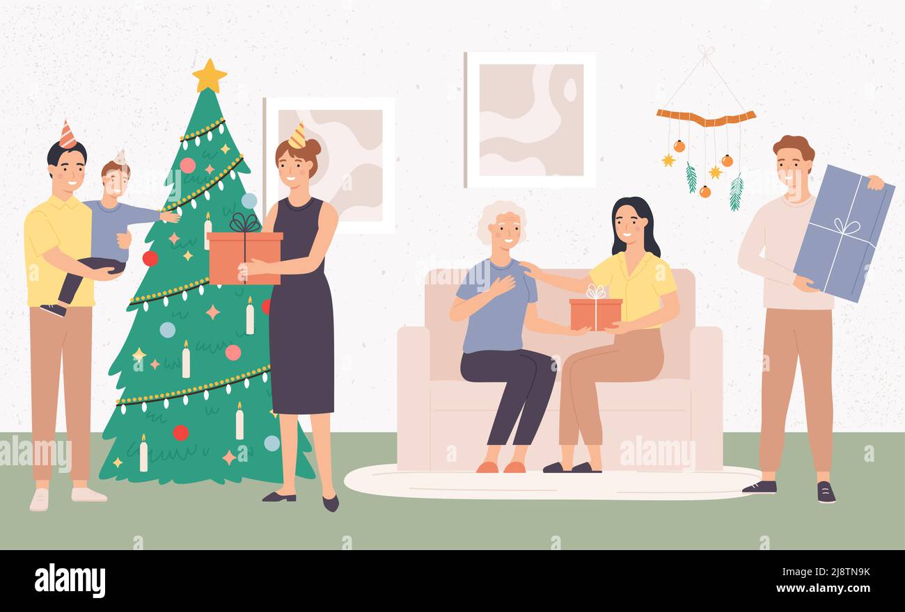 Weihnachten mit glücklicher Familie zu Hause. Cartoon Menschen feiern Weihnachten zusammen in der Nähe von Tannenbaum. Eltern schenken dem Kind einen Geschenkkarton Stock Vektor
