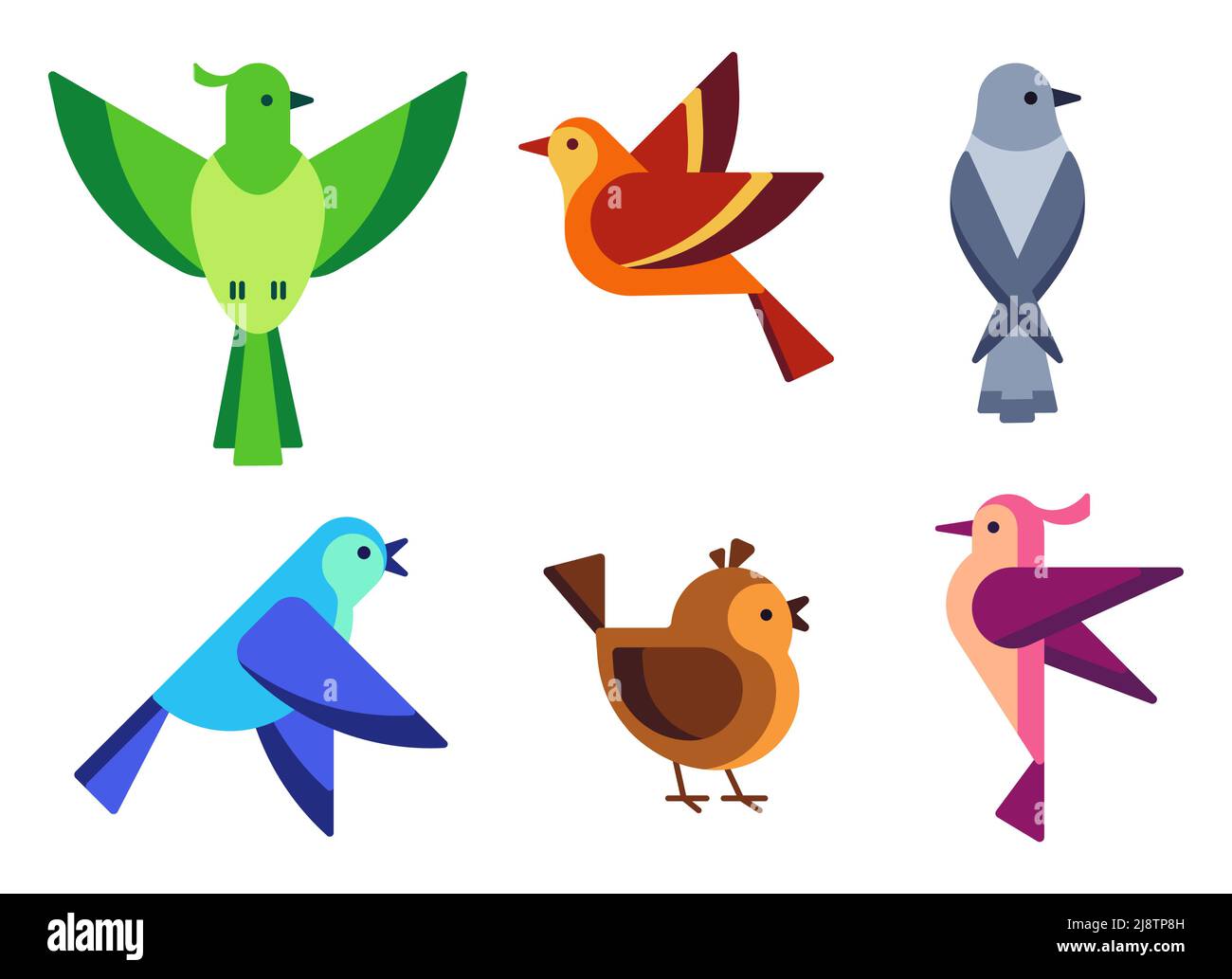 Flache bunte Vögel mit Flügeln. Helle fliegende Figuren mit Federn in der Tierwelt. Kleine singende Tauben und Sperlinge Stock Vektor