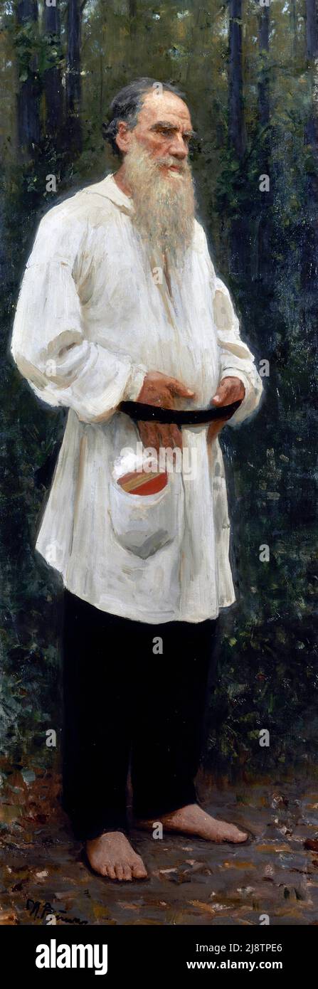 Ilya Repin. Gemälde mit dem Titel „Leo Tolstoi Barefoot“ des in der Ukraine geborenen russischen Künstlers Ilja Jefimowitsch Repin (1844-1930), Öl auf Leinwand, 1901 Stockfoto