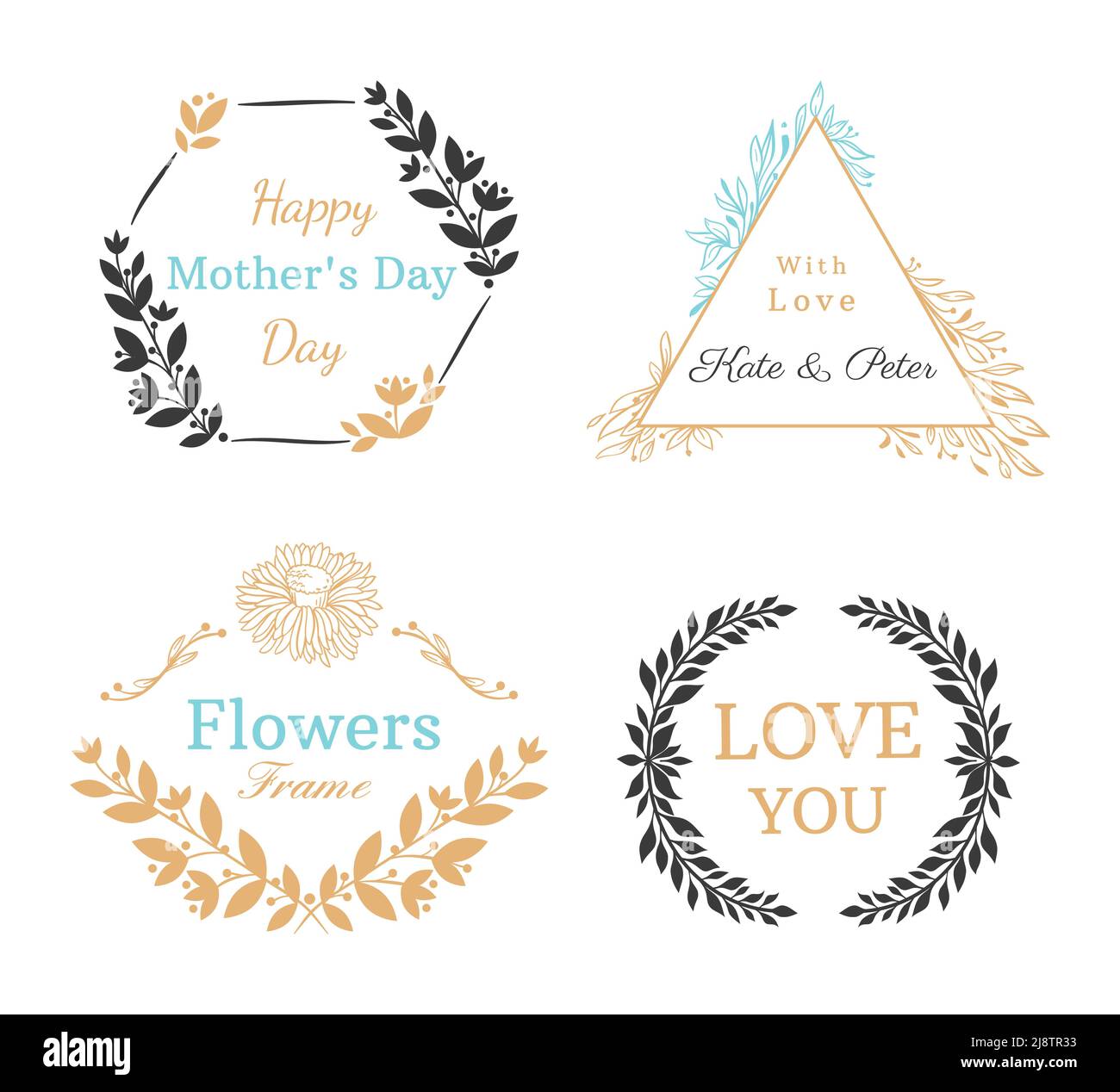 Handgezeichnetes Einladungsetikett. Schöne elegante geometrische Rahmen mit Blättern und Blumen für Hochzeitseinladung Stock Vektor