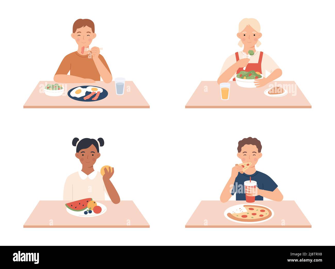 Kinder essen. Jungen und Mädchen sitzen am Tisch und frühstücken. Glückliche, kleine weibliche und männliche Charaktere, die verschiedene Speisen essen Stock Vektor
