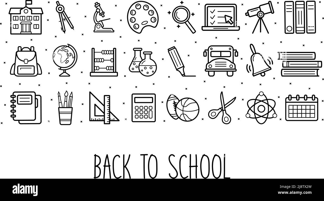 Back to School Banner mit Schulikonen. Vektorgrafik Stock Vektor