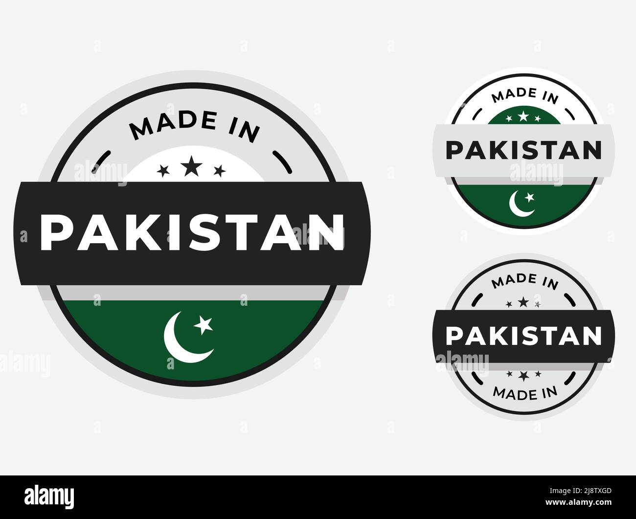 Made in Pakistan Flagge grüne Farbe, Satz von Etiketten, Briefmarken, Abzeichen. Vektorgrafik Stock Vektor