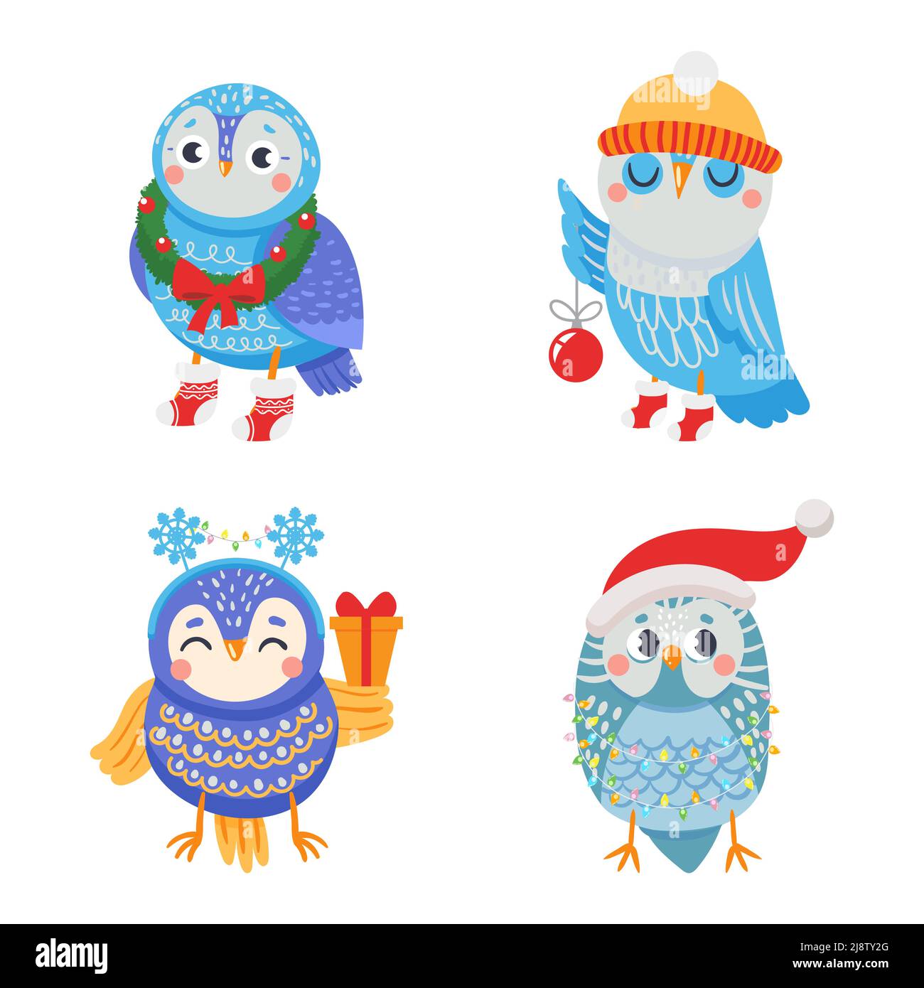 Wintereule. Lustige Cartoon-Vögel mit weihnachtsattributen. Tiere im Weihnachtskranz, Urlaubssocken mit Baumkugel, Geschenkbox. Fröhliche Charaktere Stock Vektor