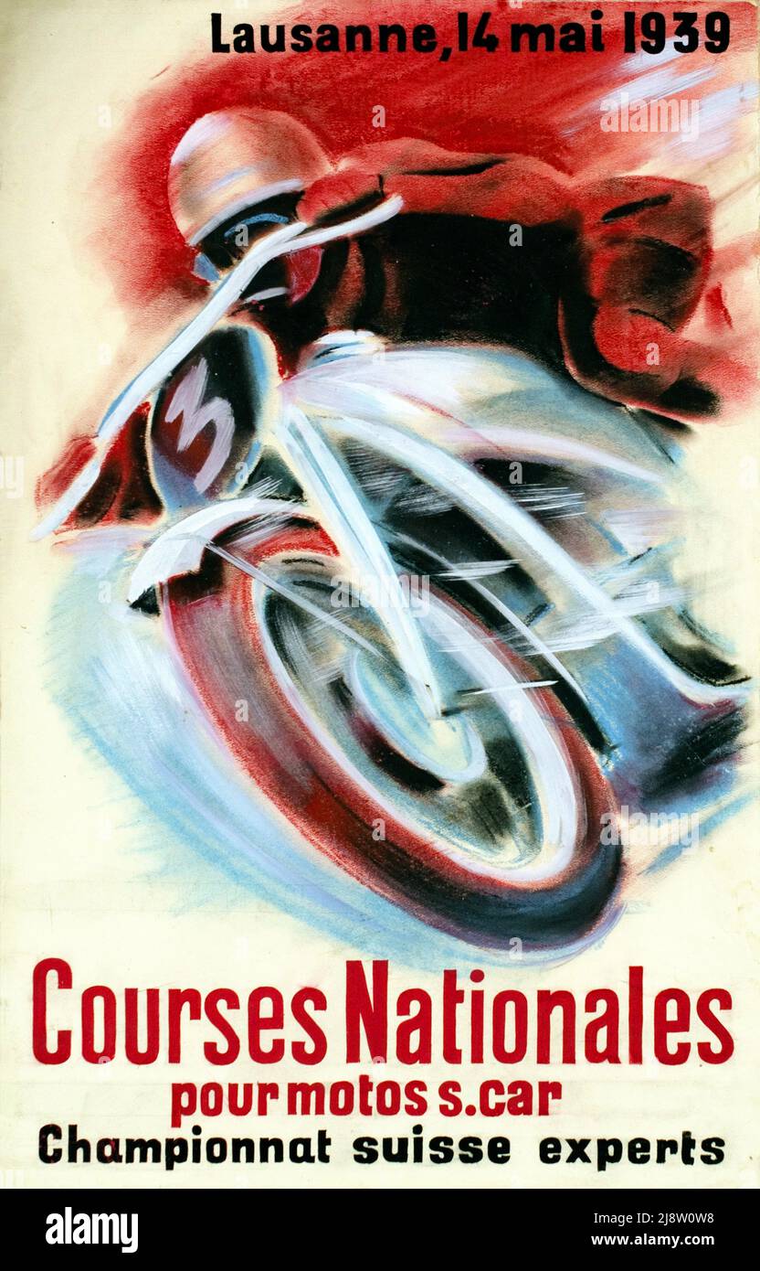 Vintage Race Poster - Nationale Motorradmeisterschaften in Lausanne, Schweiz, 1939 Stockfoto