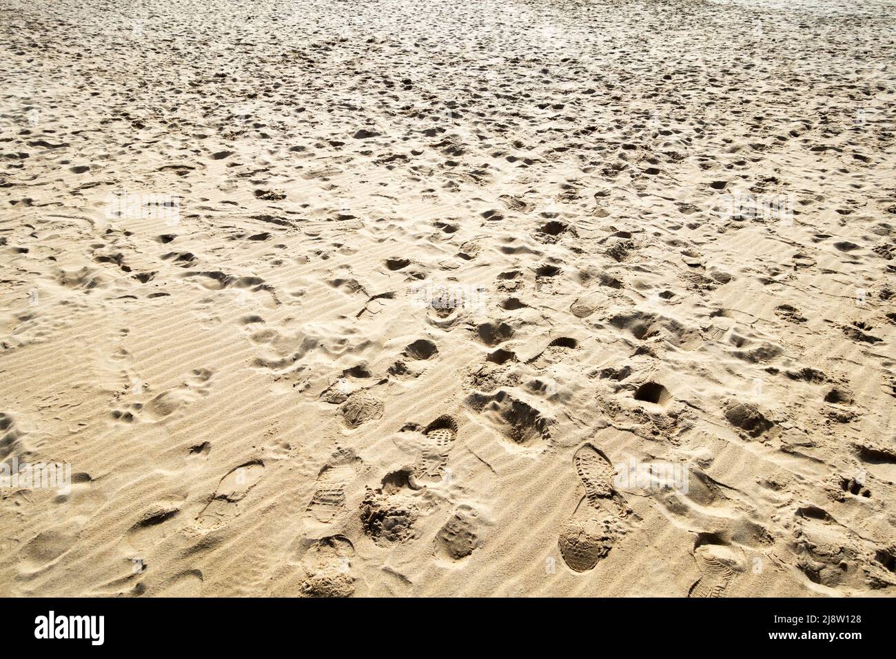 Viele Fußabdrücke an einem Sandstrand Stockfoto