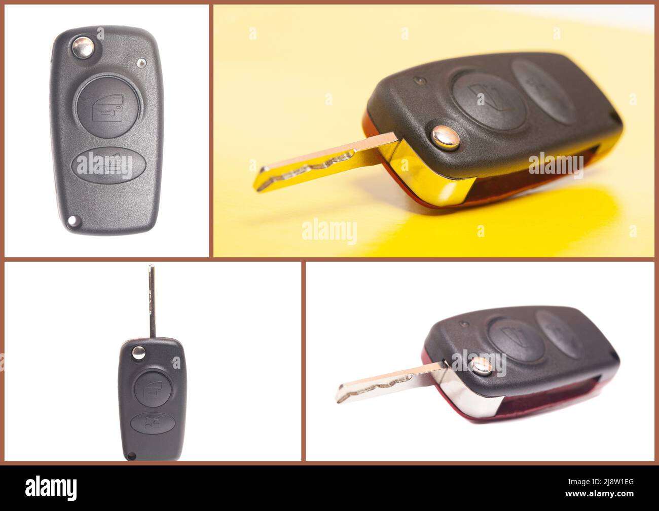 Collage mit neuen Autoschlüssel. Stockfoto