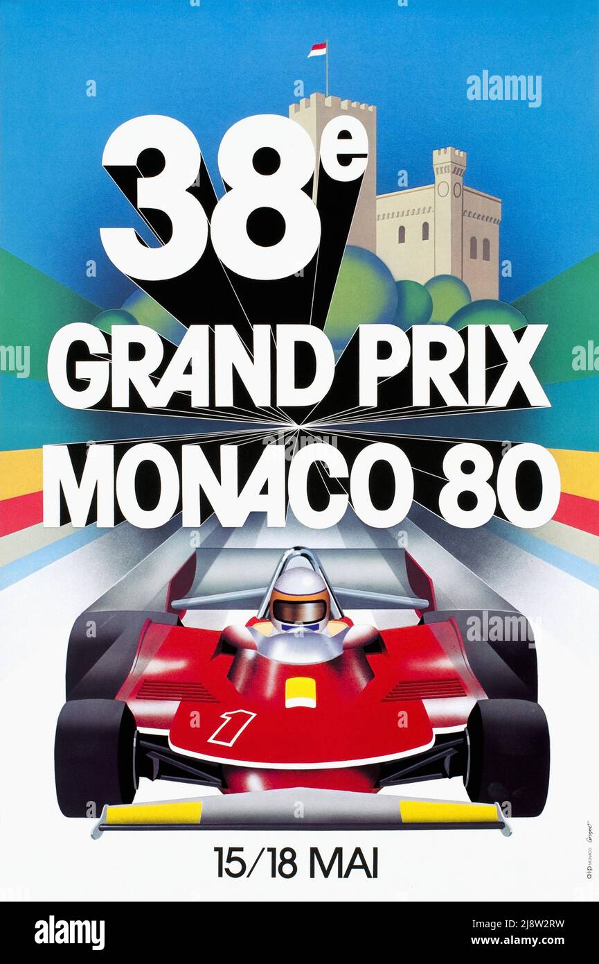 Oldtimer-Poster für das Rennen der Formel 1 in Monaco 1980s, 38E Stockfoto