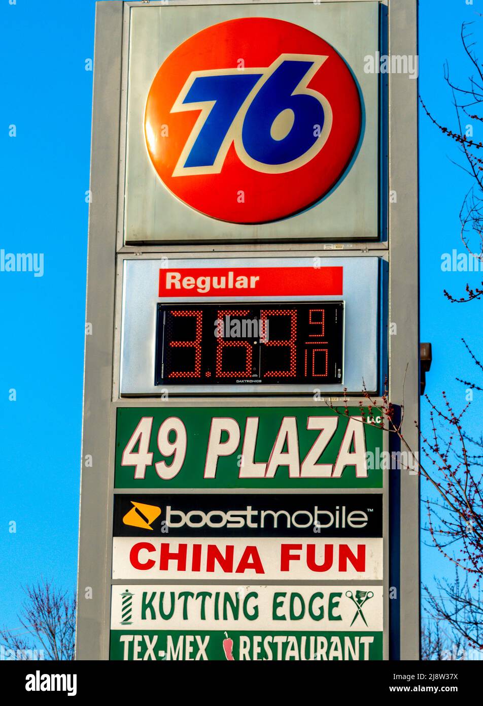 Die freistehende Marke und das Logo der „76“-Tankstelle im Freien, die vor klarem blauen Himmel und kahlen Baumzweigen wirbt und den Gaspreis in Charlotte, NC, anzeigt. Stockfoto