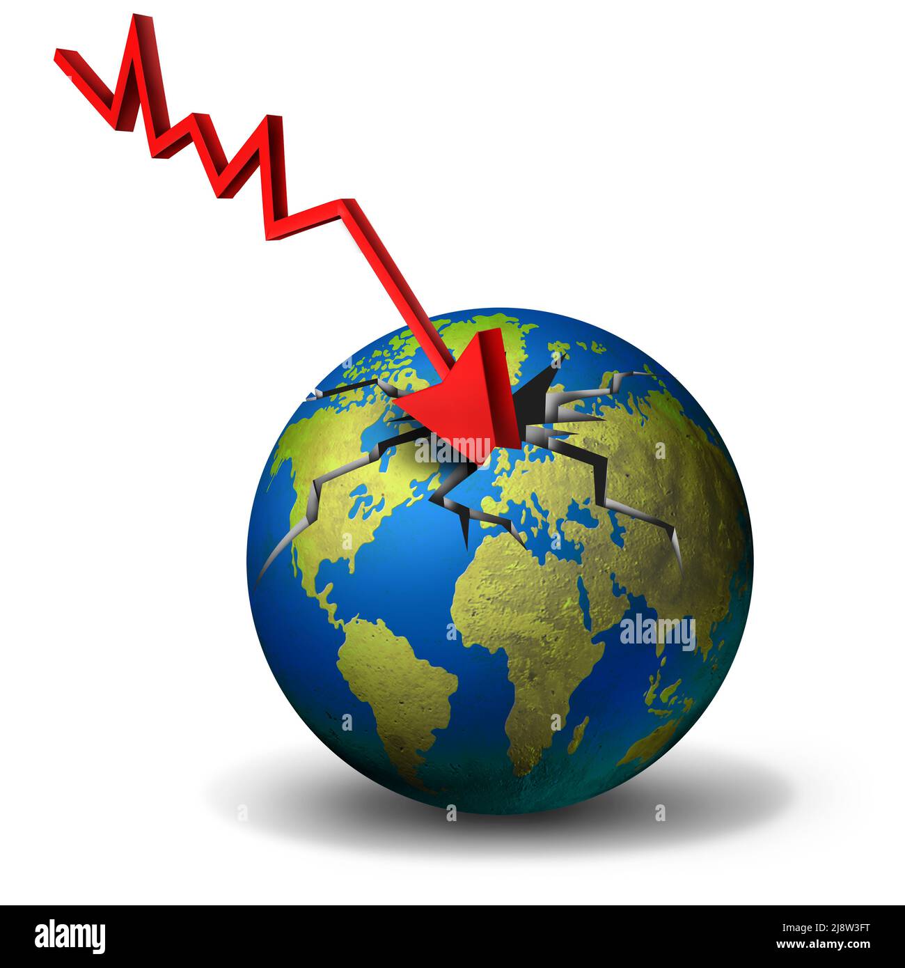 Der globale Geschäftsrückgang und der wirtschaftliche Niedergang oder die Weltwirtschaftskrise mit einer internationalen Wirtschaft, die als Finanzkonzept mit einem Abwärtspfeil fällt Stockfoto
