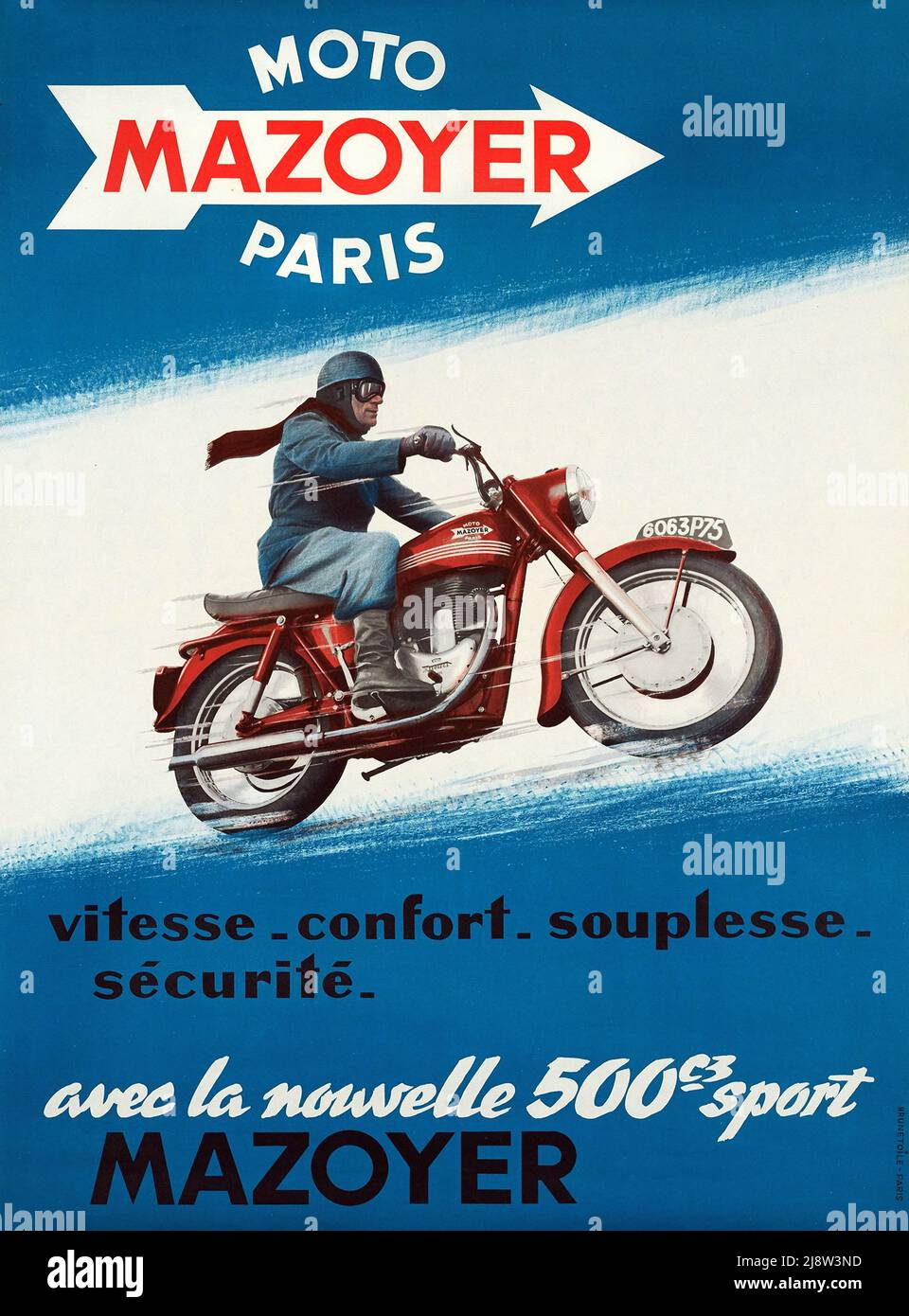 Vintage 1950s französisches Motorrad-Poster - Moto MAZOYER Paris Stockfoto