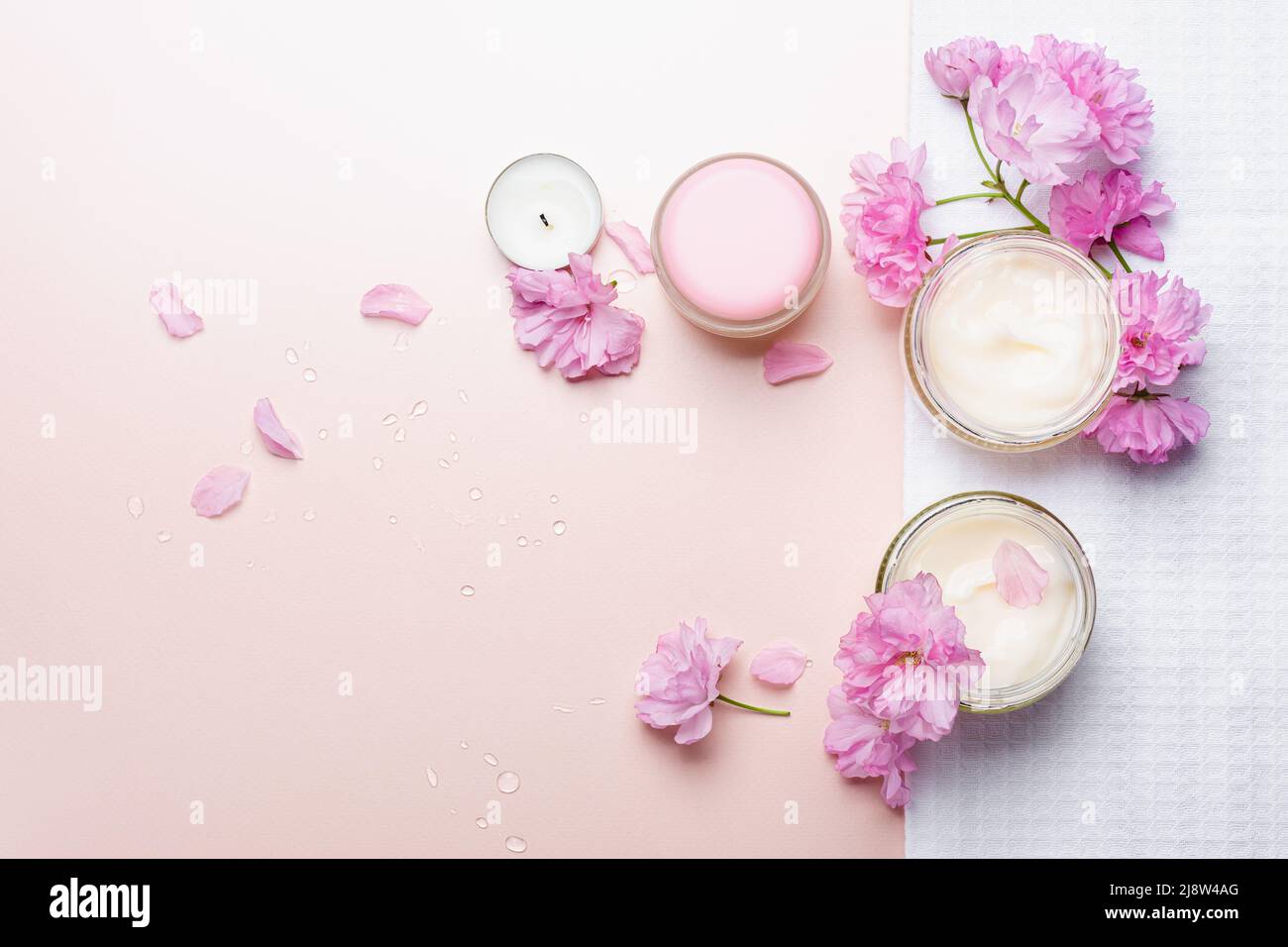Natürliche Körperpflege Creme und rosa Kirschblüten. Flach liegend. Stockfoto