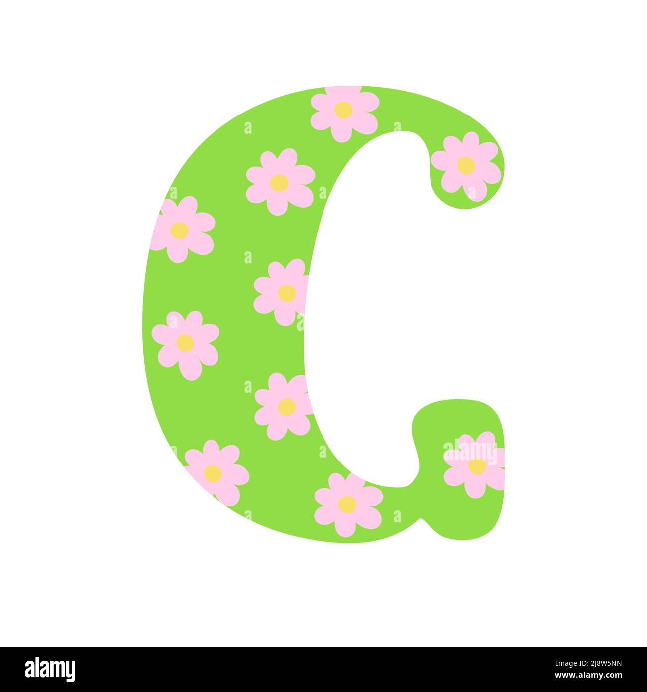 Capital leuchtend grün mit Frühlingsblumen von Hand gezeichneten Buchstaben G des englischen Alphabets einfache Cartoon-Stil Vektor-Illustration, kalligraphische abc, nette lustige Handschrift, Doodle und Schriftzug dekoriert Stock Vektor