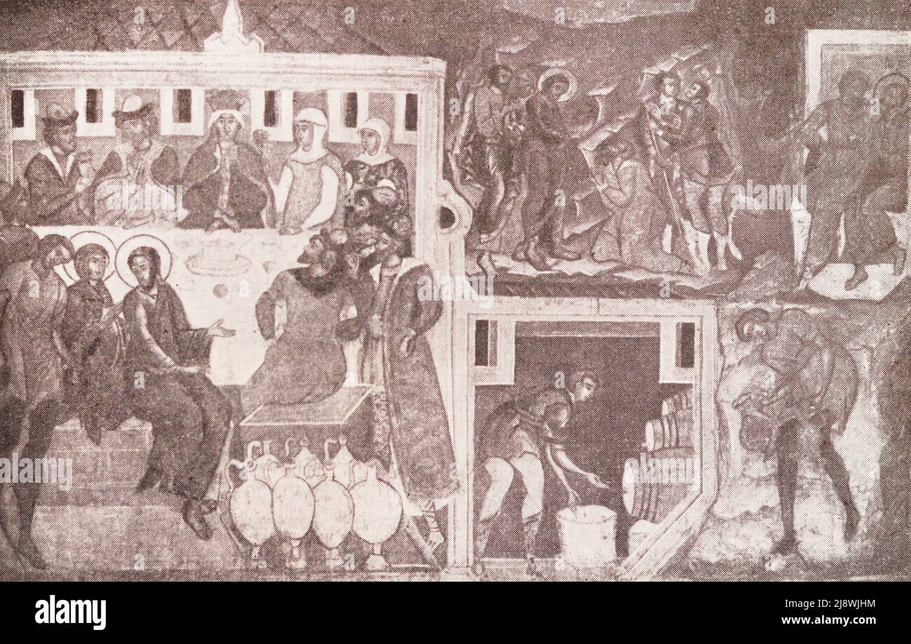 Fresko der Kirche der Dreifaltigkeit in Nikitniki in Moskau „Heirat in Kana in Galilee“. Foto vom Ende des 19.. Jahrhunderts. Stockfoto
