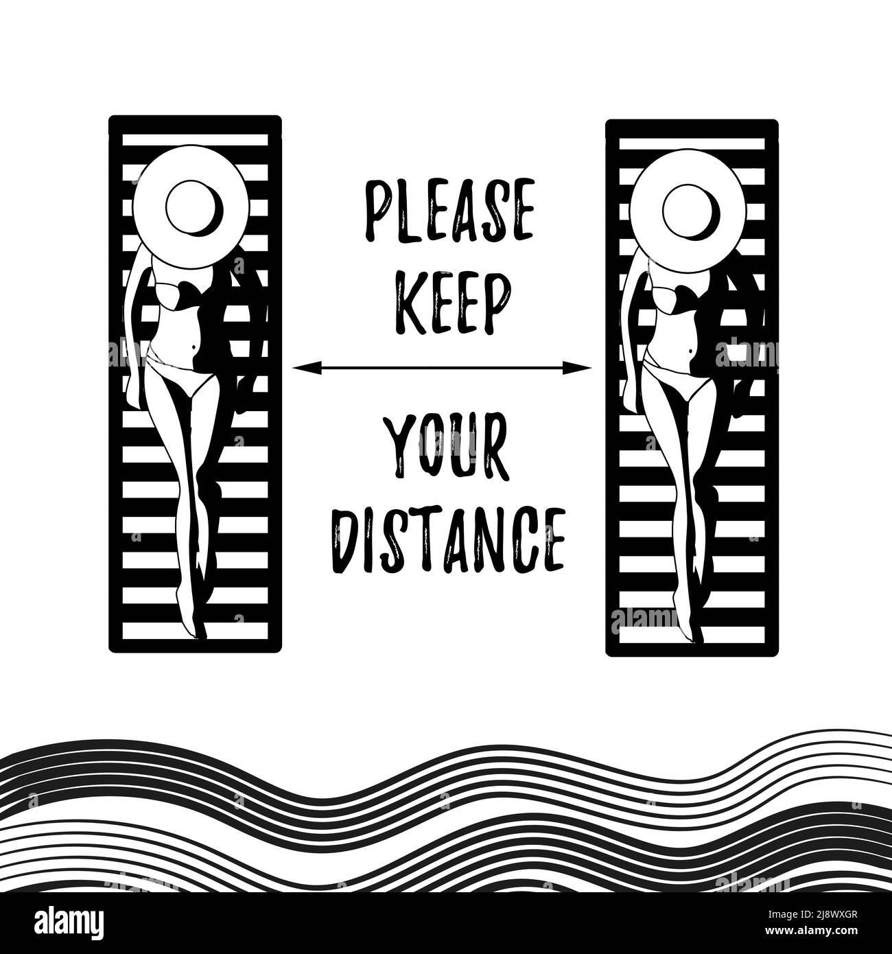 Vektorgrafiken. Mädchen im Urlaub liegen auf Sonnenliegen. Bitte halten Sie Abstand. Resort. Stock Vektor