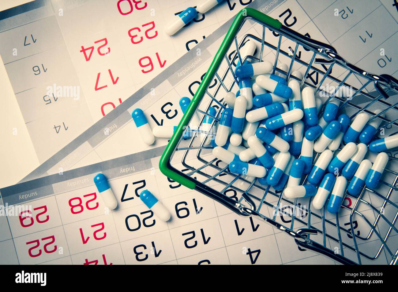 Medikamentenkurs. Bestrahlungsplan. Tabletten und Kalender. Zeitraum der medizinischen 