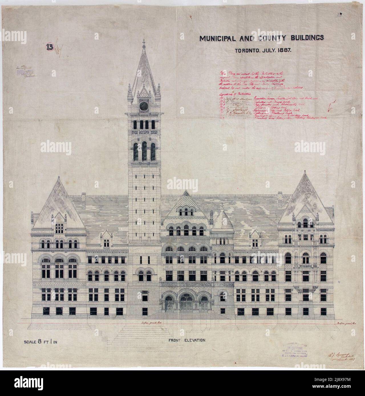 Architektonische Darstellung von städtischen und County-Gebäuden in Toronto im Jahr 1887 Stockfoto