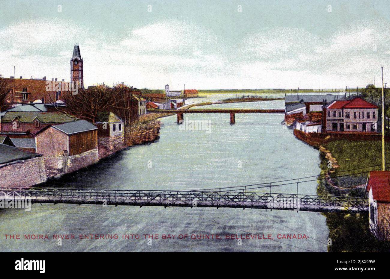 Ein Postkartenbild des Moira River, der in die Bucht von Quinte, Belleville, Ontario einmündet. Ca. 1910 Stockfoto